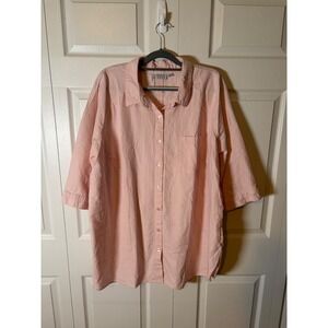 Joan Rivers Women 3X Pink Cotton Button Down 3/4 Sleeve Shirt Back Button Detail